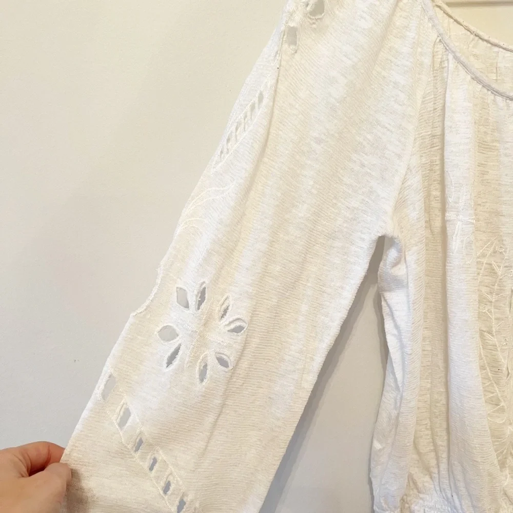 Free People Long Sleeve Ivory Cut Out And Embroidered Top Size Medium